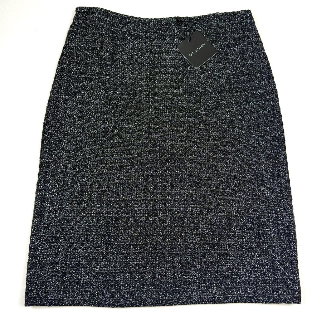 St. John Designer Black and Silver Metallic Pencil Skirt Women's Pencil Skirt